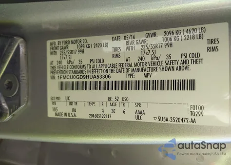 2017 Ford Escape Se из США, поврежденный, VIN 1FMCU0GD9HUA53306